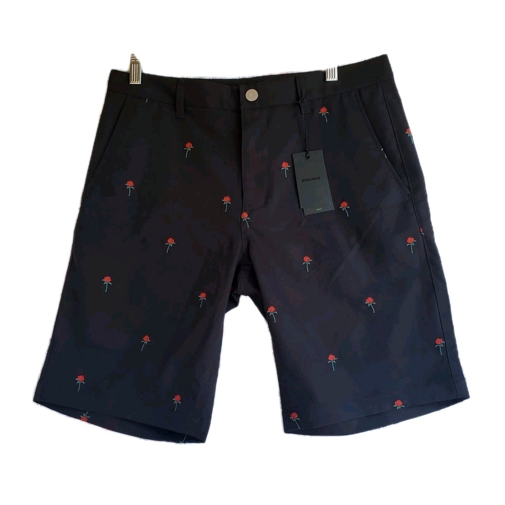 Bonobos Men's Black Highland Golf Shorts 10" Inseam Red Rose‎ Embroidered Sz 32